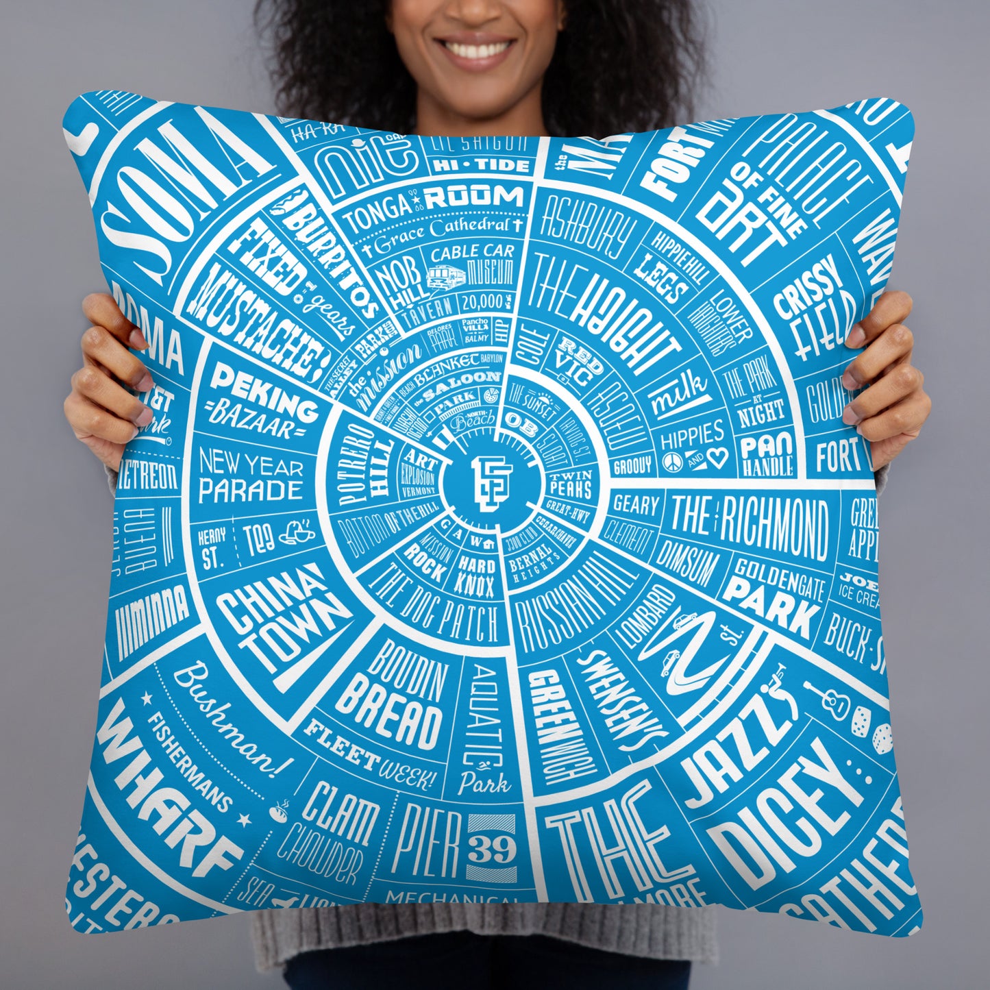 San Francisco Type Wheel Pillow - Blue Font & Black Back