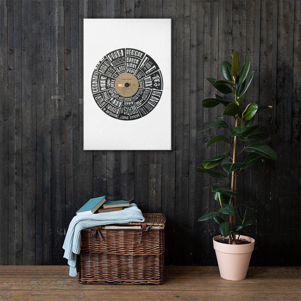 Hand Lettered music genres on Random Country music record - Canvas Wall Art