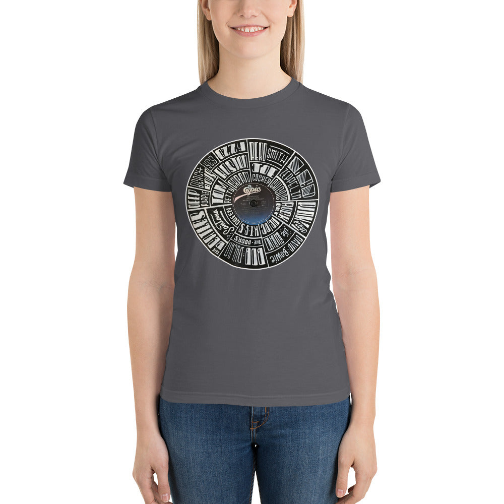 Classic Rock bands Hand Lettered on a Ted Nugent Record - Women's t-shirt