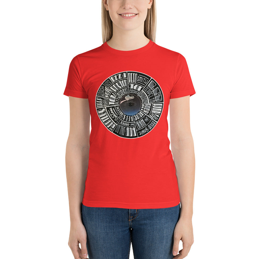 Classic Rock bands Hand Lettered on a Ted Nugent Record - Women's t-shirt