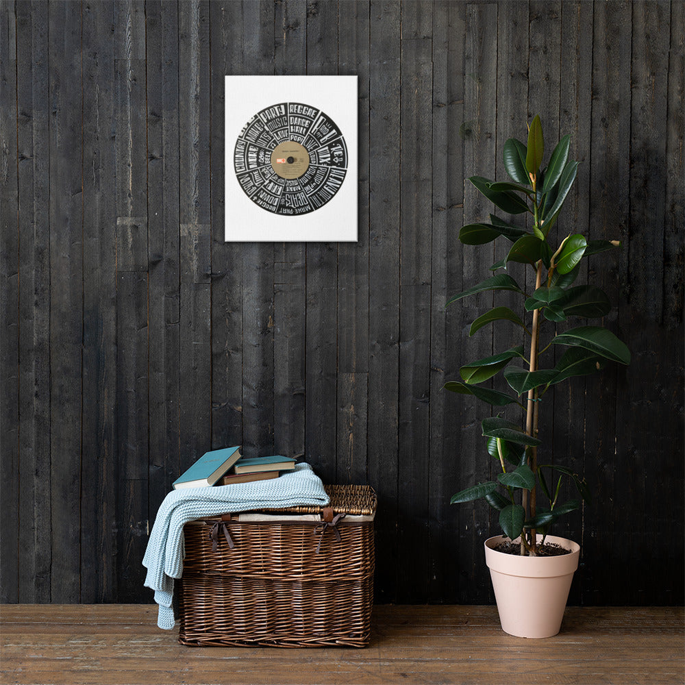 Hand Lettered music genres on Random Country music record - Canvas Wall Art