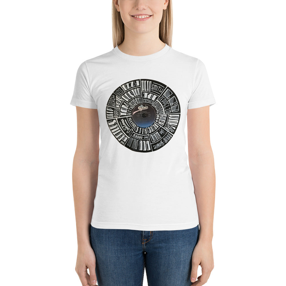 Classic Rock bands Hand Lettered on a Ted Nugent Record - Women's t-shirt