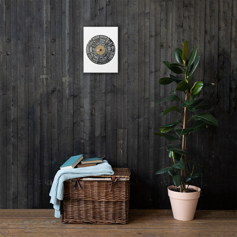 Hand Lettered music genres on Random Country music record - Canvas Wall Art