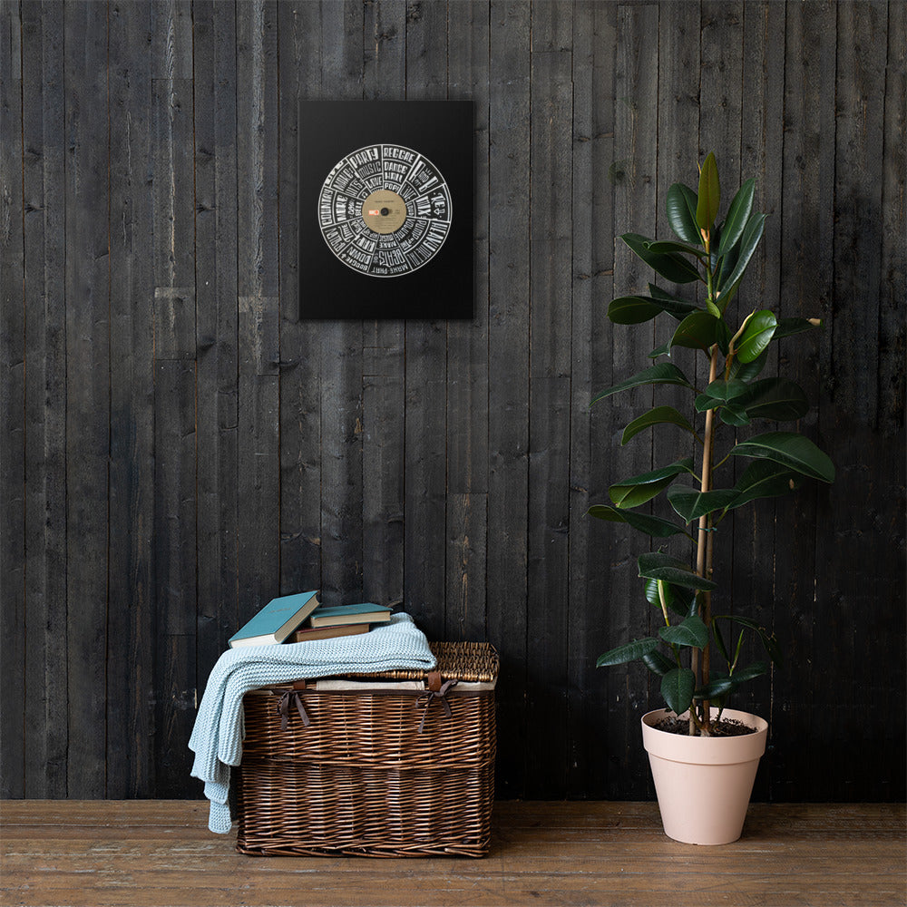 Hand Lettered music genres on Random Country music record - BLACK Canvas Wall Art