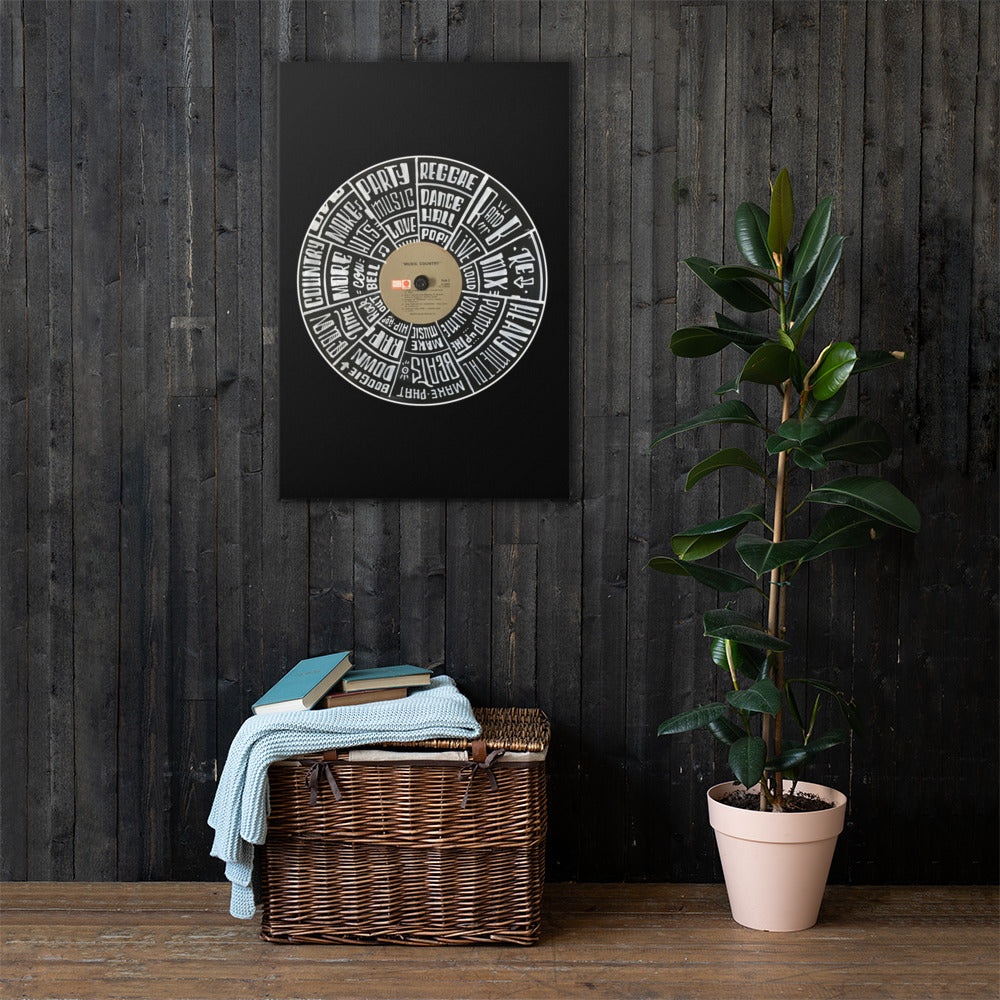 Hand Lettered music genres on Random Country music record - BLACK Canvas Wall Art