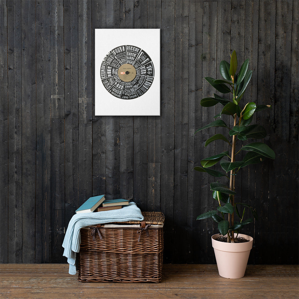 Hand Lettered music genres on Random Country music record - Canvas Wall Art