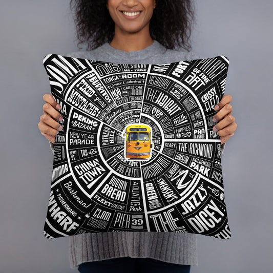 San Francisco Type Wheel Pillow - Blue Font & Black Back