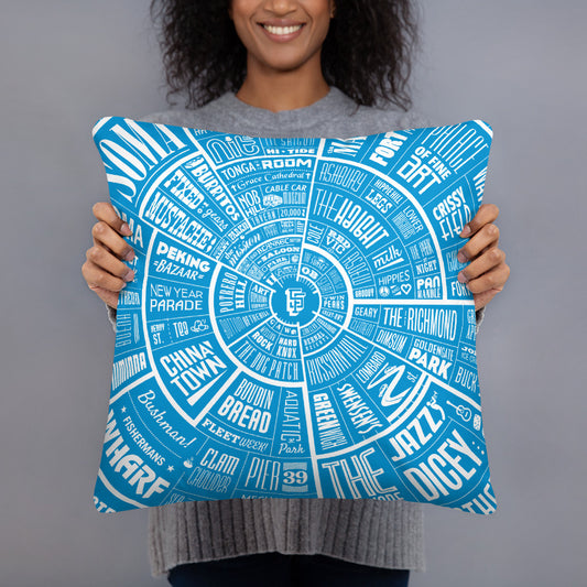 San Francisco Type Wheel Pillow - Blue Font & Black Back