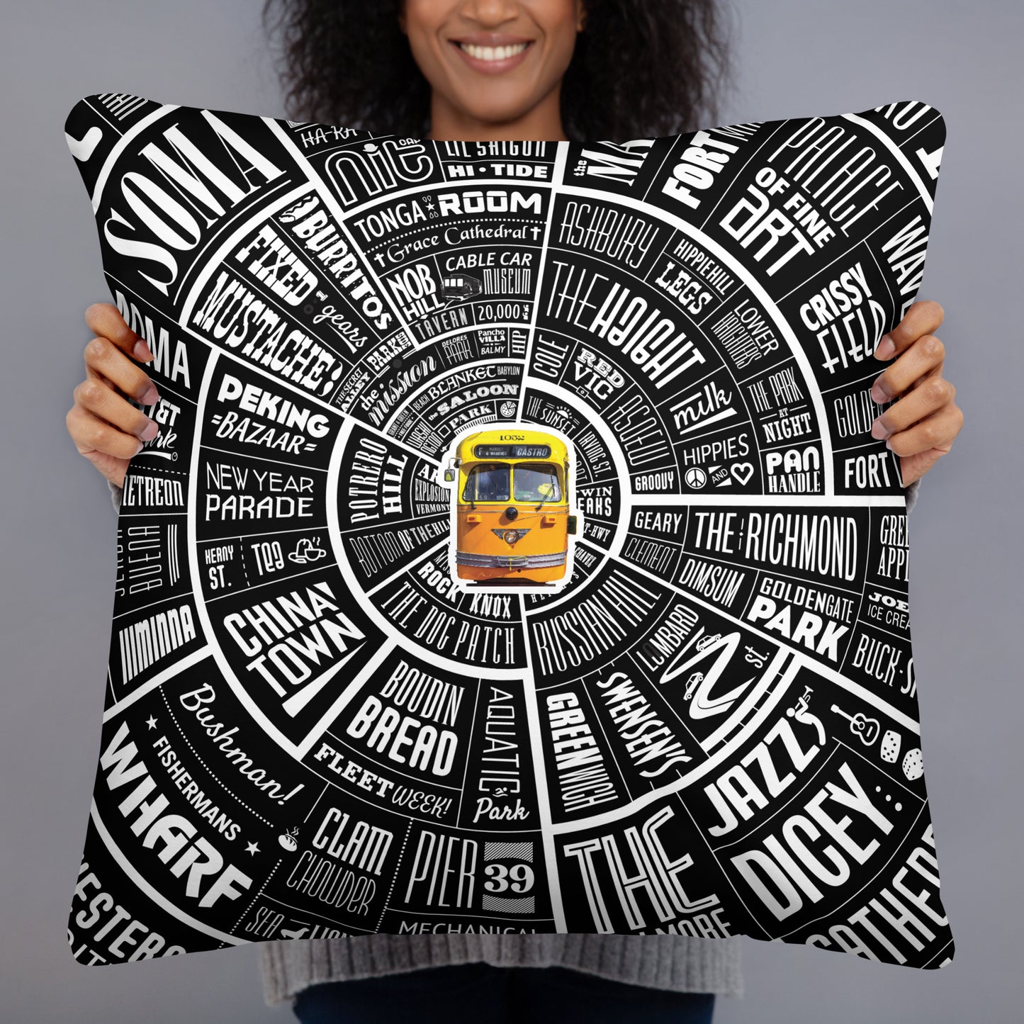 San Francisco Type Wheel Pillow - Blue Font & Black Back
