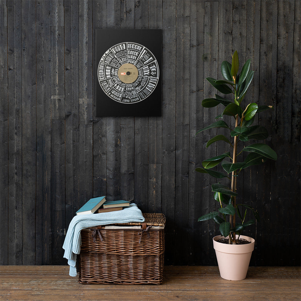 Hand Lettered music genres on Random Country music record - BLACK Canvas Wall Art