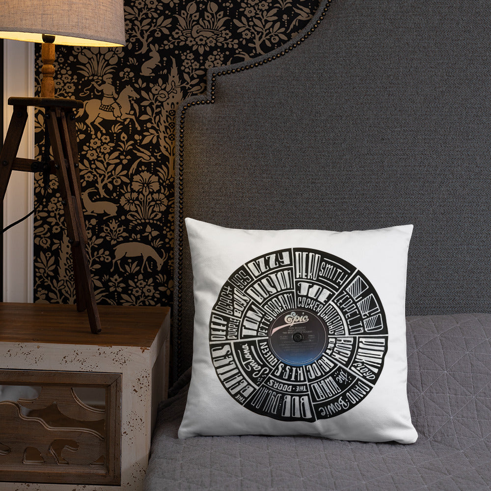 Classic Rock bands Hand Lettered on a Ted Nugent Record - Pillow