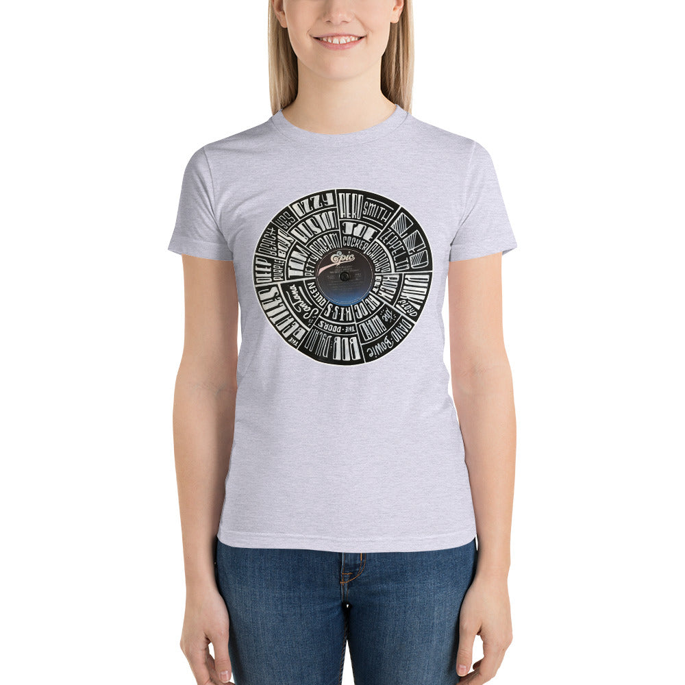 Classic Rock bands Hand Lettered on a Ted Nugent Record - Women's t-shirt