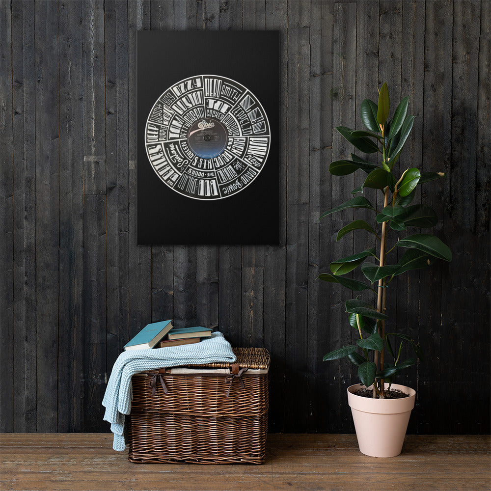 Classic Rock bands Hand Lettered on a Ted Nugent Record - Canvas wall art