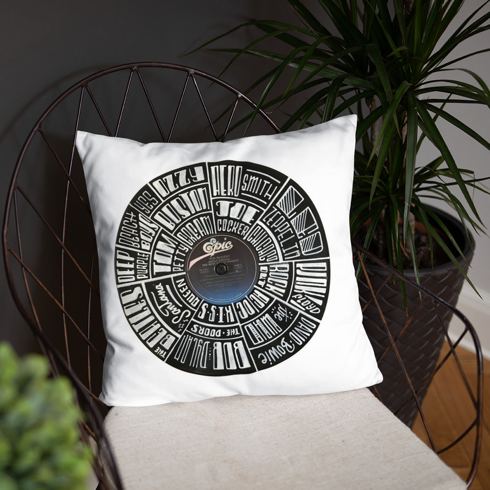 Classic Rock bands Hand Lettered on a Ted Nugent Record - Pillow