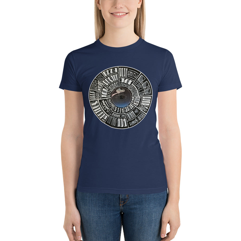Classic Rock bands Hand Lettered on a Ted Nugent Record - Women's t-shirt